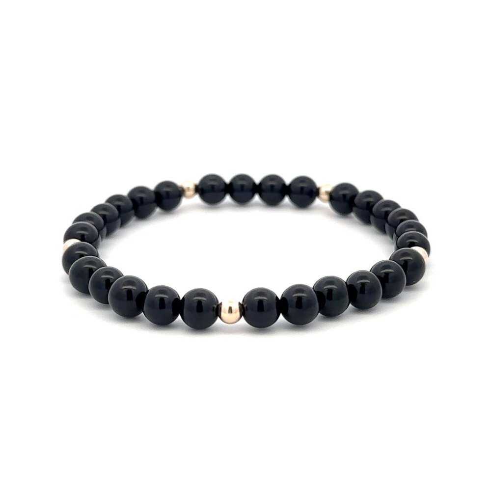 Gemstones Onyx 6mm Stretchable Bracelet 14k Gold Bead Charm